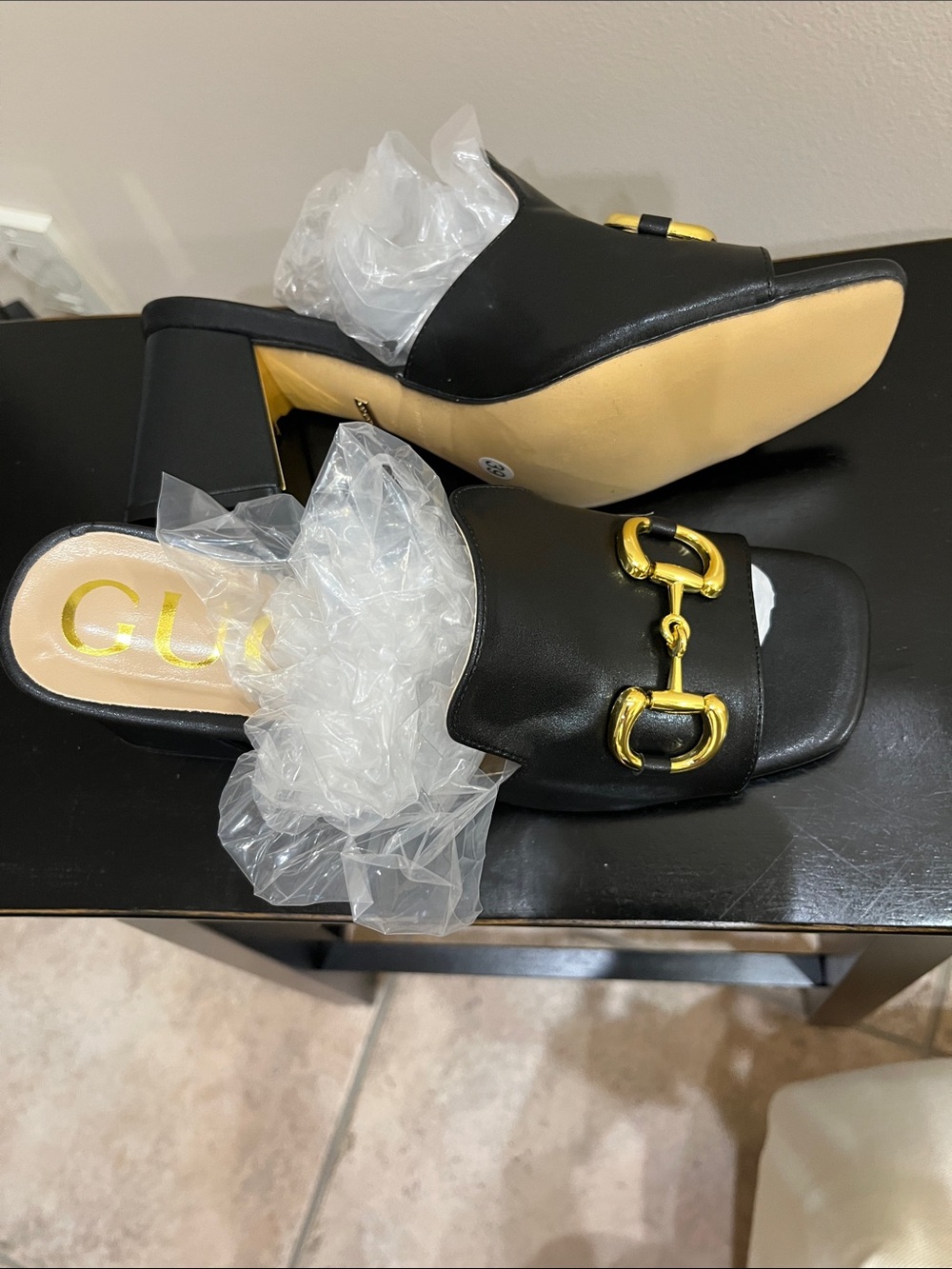 NWT Black Open-Toe Mule with Gold Horsebit Hardware - Picture 4 of 11